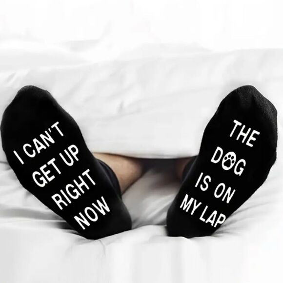 NWT - Black Novelty Socks with Fun White “Dog on Lap” Quirky Text - Picture 1 of 6